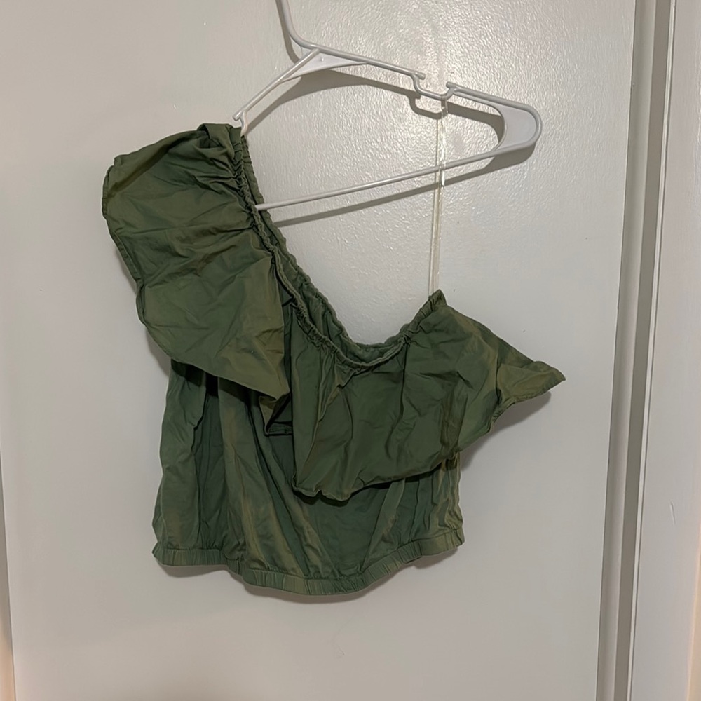 Olive Green Ruffled One-Shoulder Top